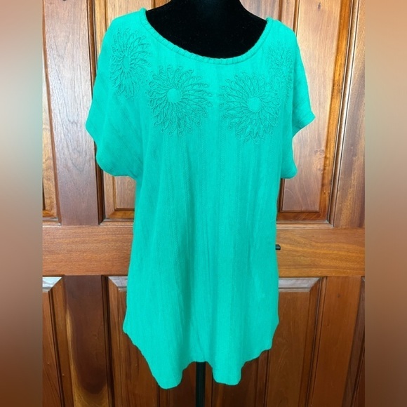 SOFT SURROUNDINGS Blouse Womens Petite Small Top Short Sleeve Green Floral - Picture 1 of 7